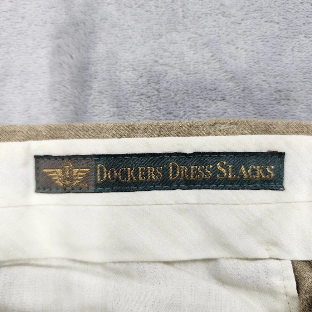 Vintage Dockers Dress Slacks Mens 30x30 Beige Linen Blend Pleated Cuffed Preppy